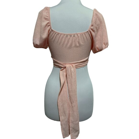 Saints Pink Cropped Top Sz M Twisted Front Midriff Wrap Tie Puffed Sleeves Girly - Picture 4 of 6